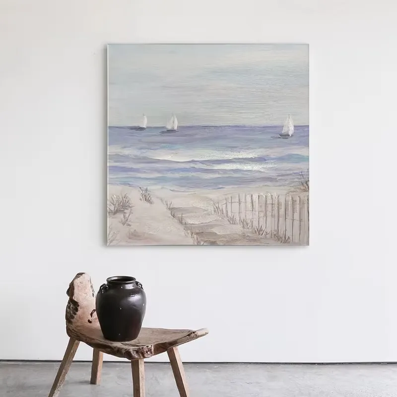 2 Pieces Semi Hand Painted Beach Canvas Wall Art With Built in Wooden Frame Coastal Seascape Decorative Painting