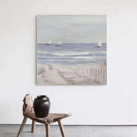 2 Pieces Semi Hand Painted Beach Canvas Wall Art With Built in Wooden Frame Coastal Seascape Decorative Painting