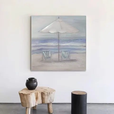 2 Pieces Semi Hand Painted Beach Canvas Wall Art With Built in Wooden Frame Coastal Seascape Decorative Painting