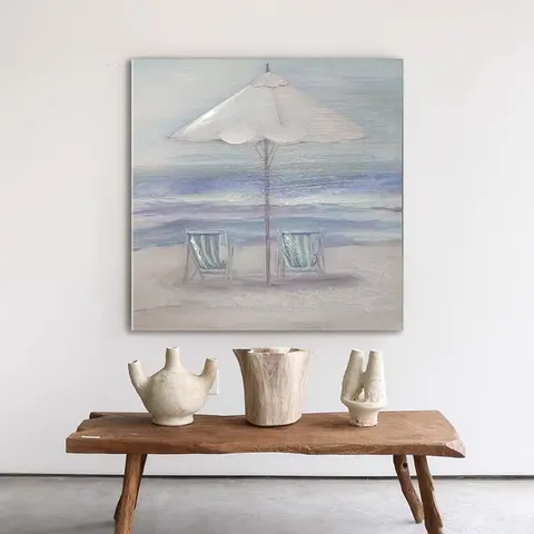 2 Pieces Semi Hand Painted Beach Canvas Wall Art With Built in Wooden Frame Coastal Seascape Decorative Painting