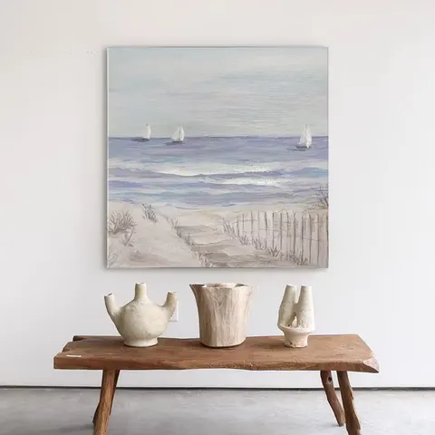 2 Pieces Semi Hand Painted Beach Canvas Wall Art With Built in Wooden Frame Coastal Seascape Decorative Painting