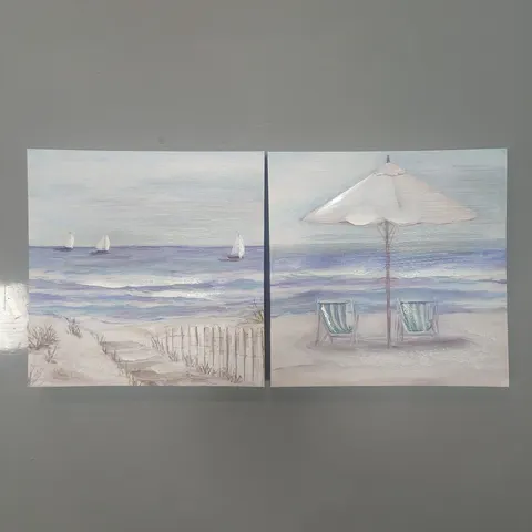 2 Pieces Semi Hand Painted Beach Canvas Wall Art With Built in Wooden Frame Coastal Seascape Decorative Painting