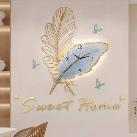 2024 New Design Atmospheric Creative Clock Living Room Led Light Painting Home Decoration Feather Wall Decoration Painting