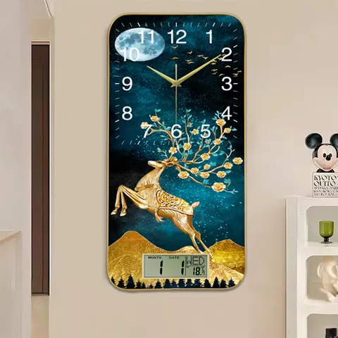 2024 New Living Room Dining Calendar Clock Murals Animal Elk Acrylic Crystal Painting Wall Art Home Decor Paintings