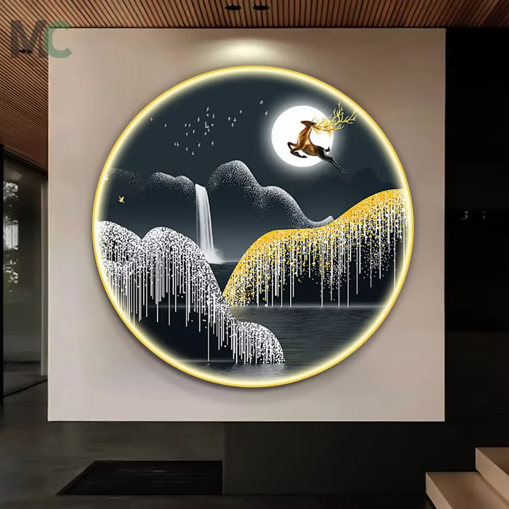 2025 Hot Selling Corridor Background Wall Crystal Painting Hotel High-end Atmosphere Elk with Led Wall Art Animal Painting
