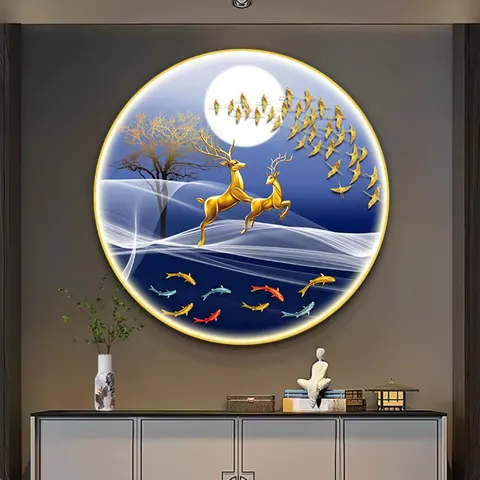 2025 Hot Selling Corridor Background Wall Crystal Painting Hotel High-end Atmosphere Elk with Led Wall Art Animal Painting