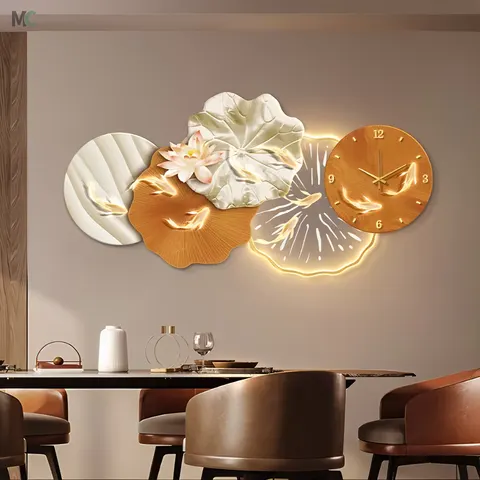 2025 Sell Like Hot Cakes Living Room Background Wall Nine Fish Picture Art Decor Wall Clock LED Luminous Acrylic Painting