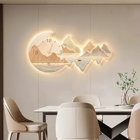 2026 Creative Landscape with Clock Wall Art Decoration Home Decor Paintings Sofa Background Wall Crystal Porcelain Led Paintings