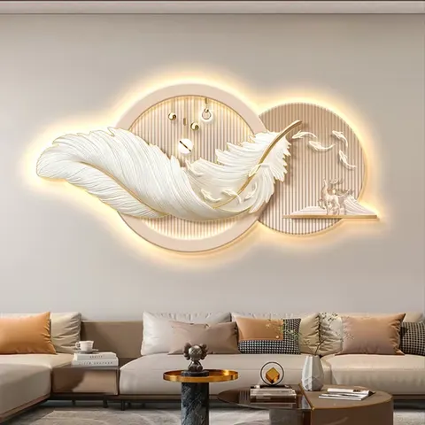 2026 Hot Restaurant Led Light Painting Hotel Lobby Background Wall Hanging Modern Light Luxury Feather Wall Decor Painting