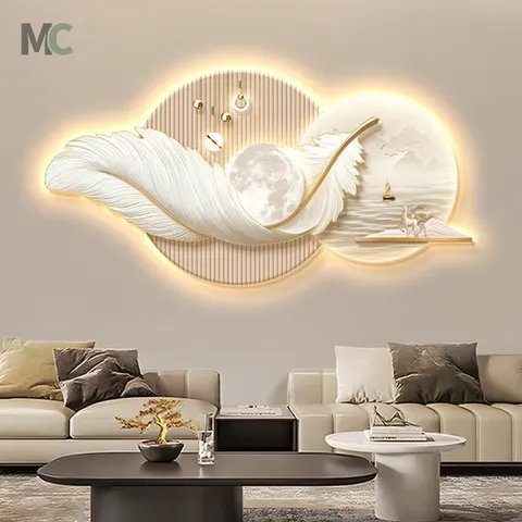 2026 Hot Restaurant Led Light Painting Hotel Lobby Background Wall Hanging Modern Light Luxury Feather Wall Decor Painting