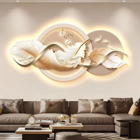 2026 Hot Restaurant Led Light Painting Hotel Lobby Background Wall Hanging Modern Light Luxury Feather Wall Decor Painting