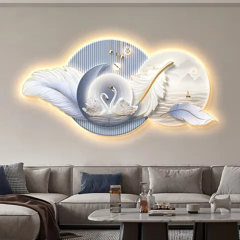 2026 Hot Restaurant Led Light Painting Hotel Lobby Background Wall Hanging Modern Light Luxury Feather Wall Decor Painting