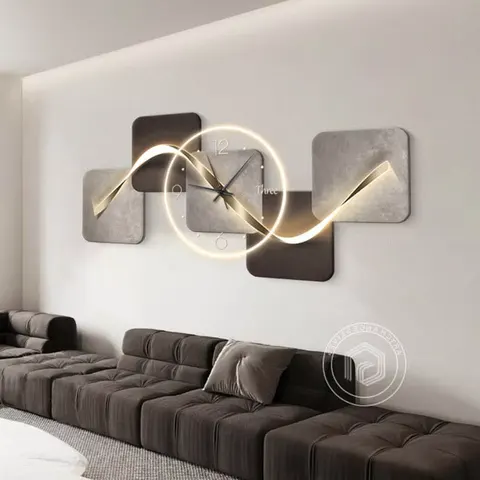 2026 Italian-Style Minimalist Living Room Mock-Up of a Still Life Wall Clock, Wall-Mounted LED Light, and Sofa Backdrop Wall Art