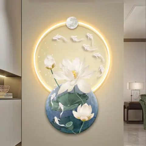 2026 New Chinese Nine-fish Picture Lotus Living Room Mural Acrylic Led Wall Art Home Decoration