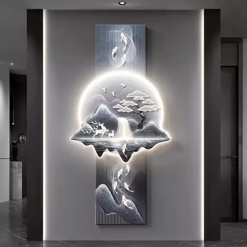 2026 New Nine Fish Map Modern Porch Wall Decor Painting High-grade Atmosphere Landscape Led Wall Art Hanging Painting