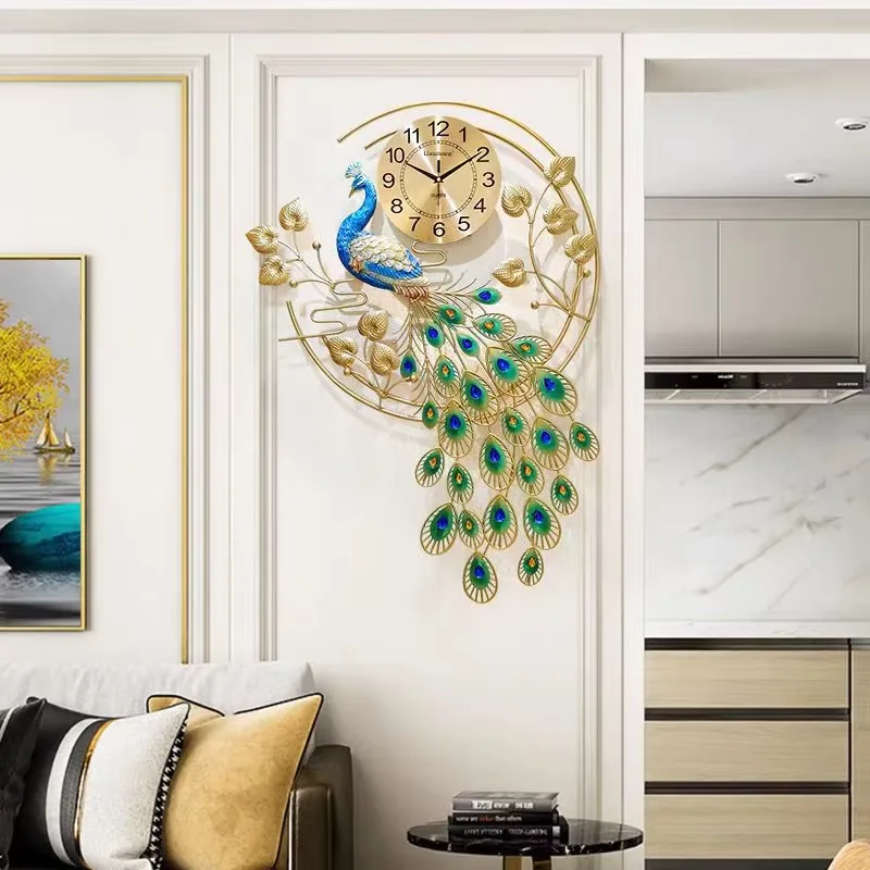 2026 Year Bestseller Ironwork Art Decoration Restaurant Background Wall Peacock Mute Alarm Clock Wall Decor
