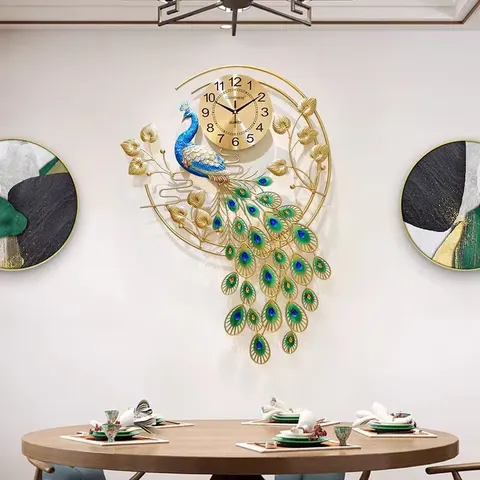 2026 Year Bestseller Ironwork Art Decoration Restaurant Background Wall Peacock Mute Alarm Clock Wall Decor