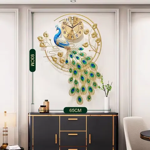 2026 Year Bestseller Ironwork Art Decoration Restaurant Background Wall Peacock Mute Alarm Clock Wall Decor