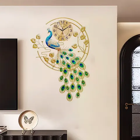 2026 Year Bestseller Ironwork Art Decoration Restaurant Background Wall Peacock Mute Alarm Clock Wall Decor