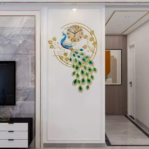 2026 Year Bestseller Ironwork Art Decoration Restaurant Background Wall Peacock Mute Alarm Clock Wall Decor