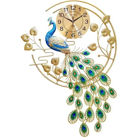 2026 Year Bestseller Ironwork Art Decoration Restaurant Background Wall Peacock Mute Alarm Clock Wall Decor