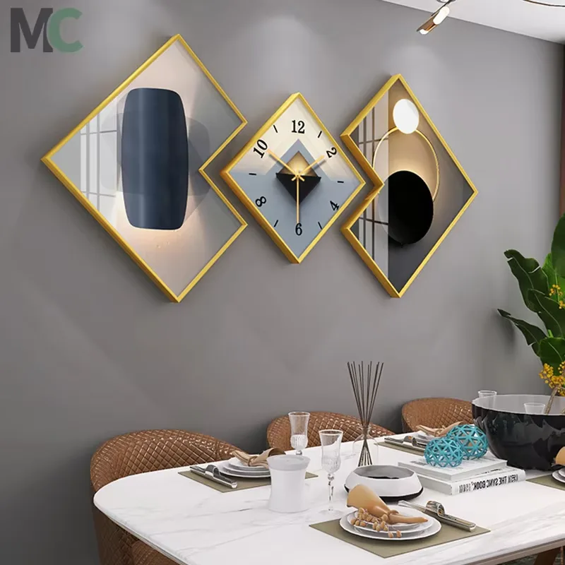 2026 Year Creative Luxury High-end Crystal Porcelain Painting Restaurant Three Vice Art Home Decor Painting with Wall Clock