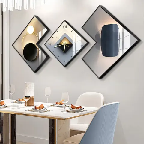 2026 Year Creative Luxury High-end Crystal Porcelain Painting Restaurant Three Vice Art Home Decor Painting with Wall Clock