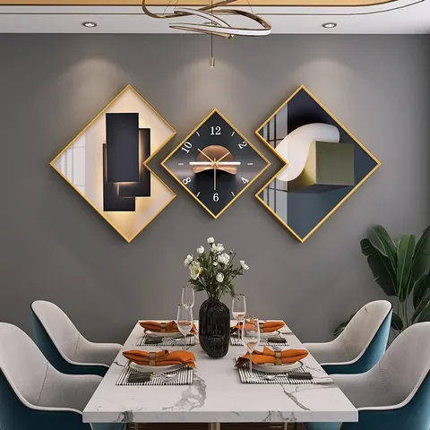 2026 Year Creative Luxury High-end Crystal Porcelain Painting Restaurant Three Vice Art Home Decor Painting with Wall Clock