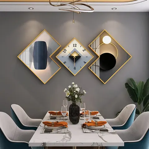 2026 Year Creative Luxury High-end Crystal Porcelain Painting Restaurant Three Vice Art Home Decor Painting with Wall Clock