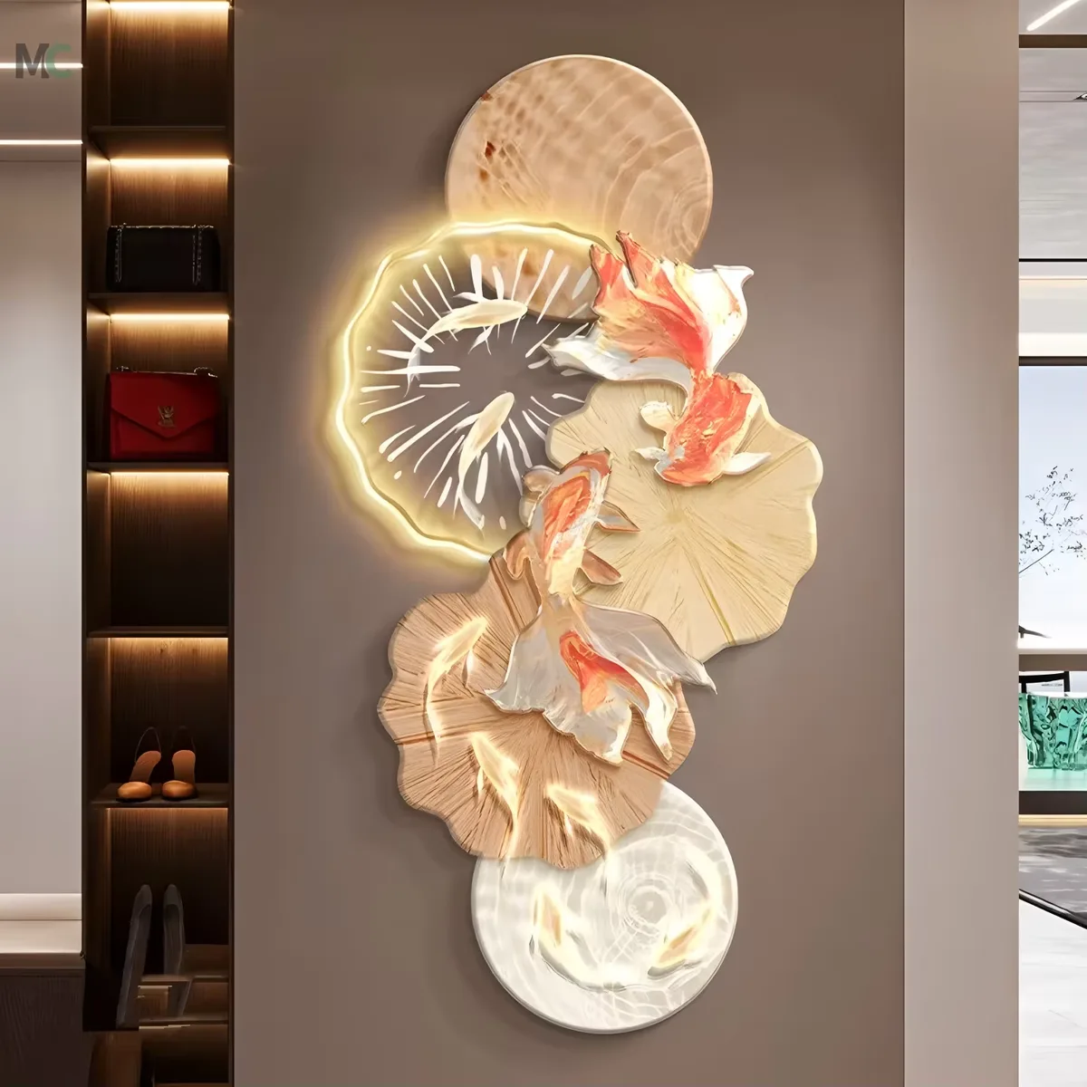 2026 Year Hot Sale Koi Lotus Wall Art LED Glow Luminous Painting Uv Fine Carving Background Wall Home Decor Paintings