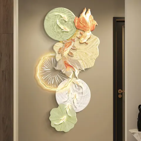 2026 Year Hot Sale Koi Lotus Wall Art LED Glow Luminous Painting Uv Fine Carving Background Wall Home Decor Paintings