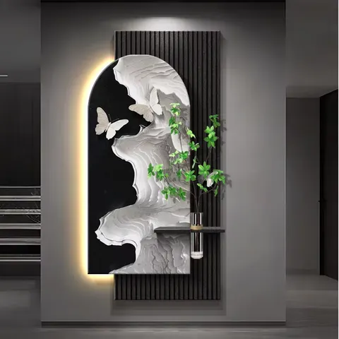 2026 Year Living Room Corridor Background Wall Double-layer Sandstone LED Painting With Green Plants Art Decor Painting