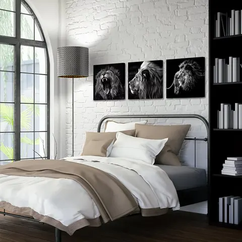 3 Pcs Factory Direct Sale Black and White Lion Rimless Mural Living Room Office Decorative Painting Wall Art Home Decor