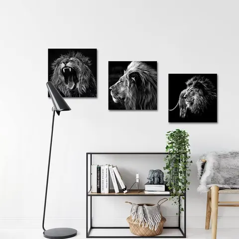 3 Pcs Factory Direct Sale Black and White Lion Rimless Mural Living Room Office Decorative Painting Wall Art Home Decor