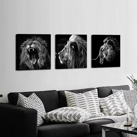 3 Pcs Factory Direct Sale Black and White Lion Rimless Mural Living Room Office Decorative Painting Wall Art Home Decor