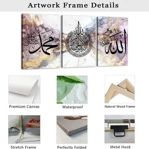 3-pcs Factory Direct Sale Rimless Muslim Home Decorations Alapai Calligraphy Mural Islamic Wall Decor Painting for Home