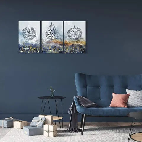 3-pcs Factory Direct Sale Wall Rimless Muslim Home Decorations Alapai Calligraphy Mural Islamic Wall Decor Painting for Home