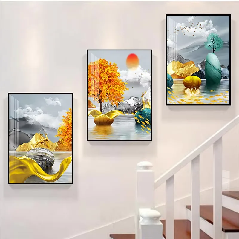 抽象 三联 装饰画 现代简约 楼梯背景墙挂画 晶瓷画