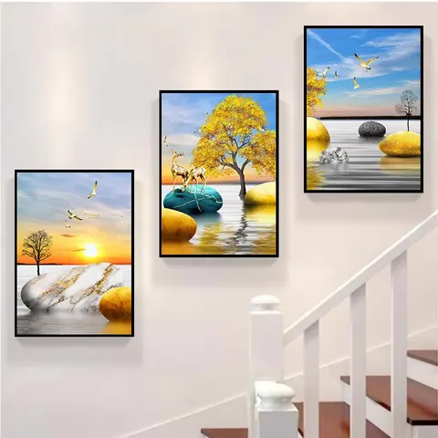 抽象 三联 装饰画 现代简约 楼梯背景墙挂画 晶瓷画