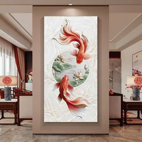 3D Embossed Koi Fish Lotus Wall Art Vertical Feng Shui Carp Painting for Entryway Corridor Home Decor Painting