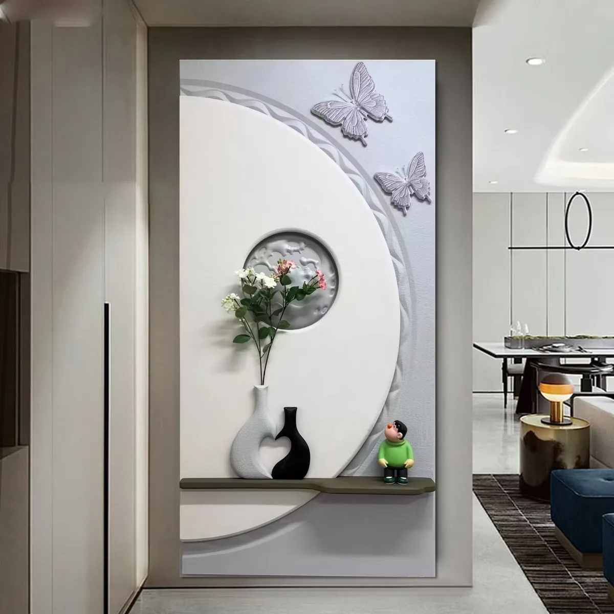 3D Embossed Vase Butterfly Wall Art Cream Style Vertical Entryway Decorative Painting Backwall Glowed LED Painting