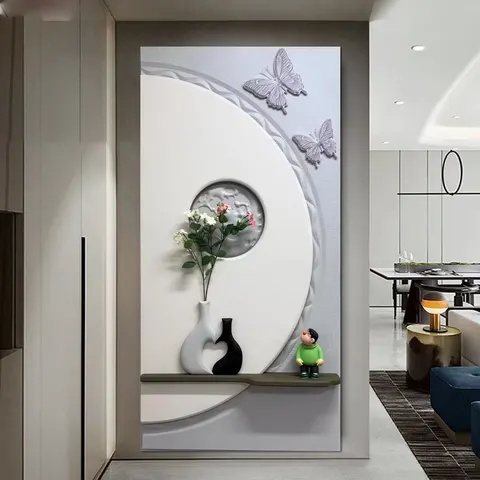 3D Embossed Vase Butterfly Wall Art Cream Style Vertical Entryway Decorative Painting Backwall Glowed LED Painting