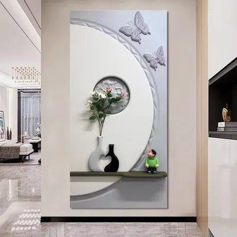 3D Embossed Vase Butterfly Wall Art Cream Style Vertical Entryway Decorative Painting Backwall Glowed LED Painting