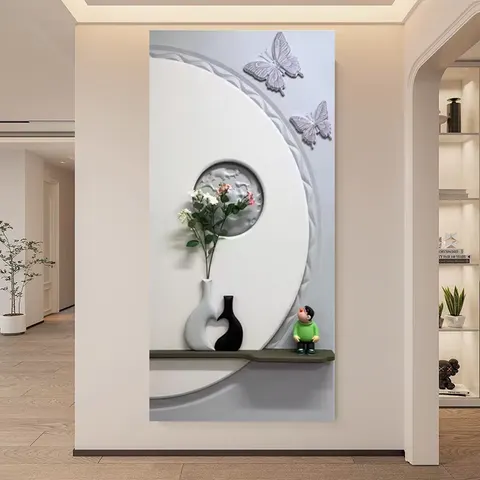 3D Embossed Vase Butterfly Wall Art Cream Style Vertical Entryway Decorative Painting Backwall Glowed LED Painting