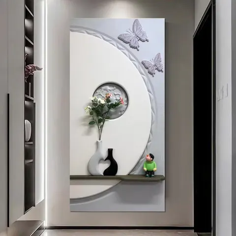 3D Embossed Vase Butterfly Wall Art Cream Style Vertical Entryway Decorative Painting Backwall Glowed LED Painting