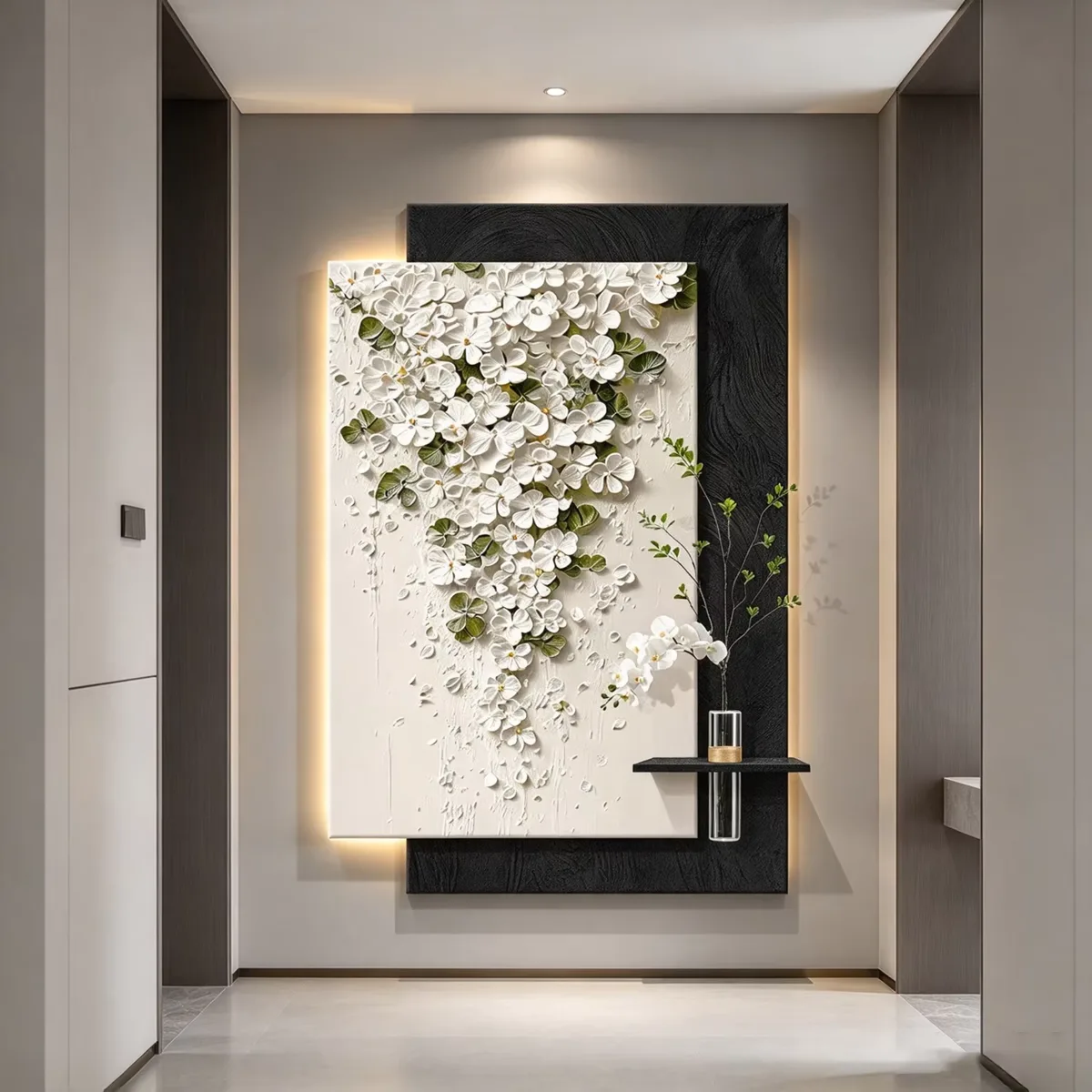3D Layered Sandstone LED Wall Hanging Painting with Floral Texture Contemporary Home Entrance Wall Art