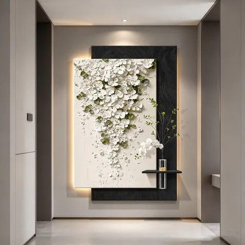 3D Layered Sandstone LED Wall Hanging Painting with Floral Texture Contemporary Home Entrance Wall Art