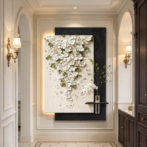 3D Layered Sandstone LED Wall Hanging Painting with Floral Texture Contemporary Home Entrance Wall Art