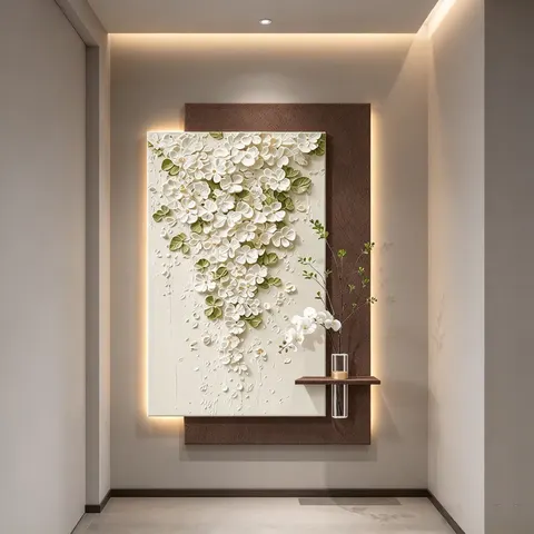 3D Layered Sandstone LED Wall Hanging Painting with Floral Texture Contemporary Home Entrance Wall Art