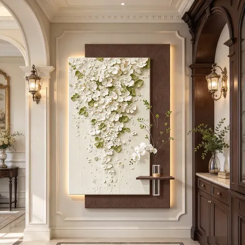 3D Layered Sandstone LED Wall Hanging Painting with Floral Texture Contemporary Home Entrance Wall Art